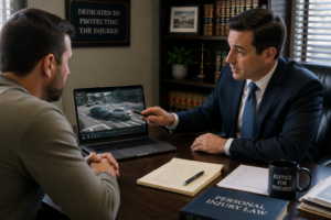Abogado revisando videos de seguridad con cliente de lesiones personales