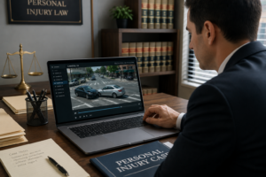 Persona revisando grabaciones de cámaras de seguridad tras un accidente