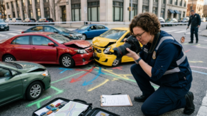 Persona tomando fotos de la escena de un accidente de tráfico