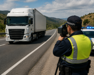 Policía midiendo la velocidad de un camión con radar en carretera