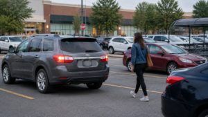 Vehículo retrocediendo cerca de un peatón en estacionamiento
