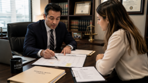 Abogado explicando plazos legales a cliente de lesiones personales