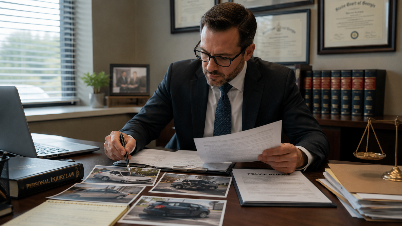 Abogado revisando evidencia para determinar responsabilidad en accidente