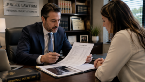 Abogado revisando registros médicos con cliente de lesiones personales