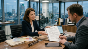 Abogado revisando resolución de caso con cliente