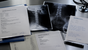 Documentos médicos y radiografías utilizados como evidencia de lesiones