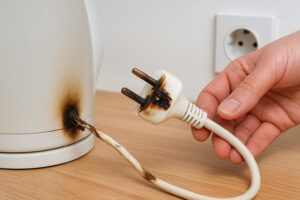 Cable y carcasa dañados de un producto doméstico defectuoso.